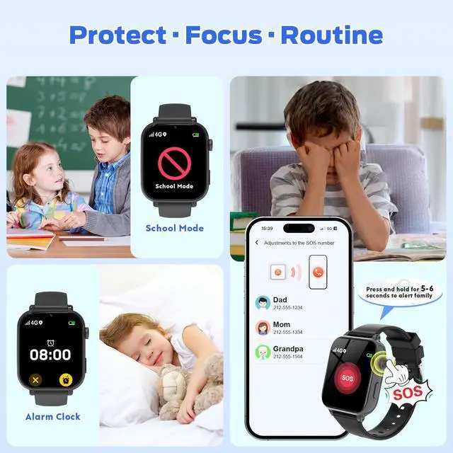 Alt view image 5 of 7 - 4G Kids Smart Watch with GPS Tracker, Video Call & Texting, Smart Watch for Kids with SIM Card, SOS, School Mode, HD Camera, Pedometer, Kid Watch Gift for Boys Girls Age 4-12, Black