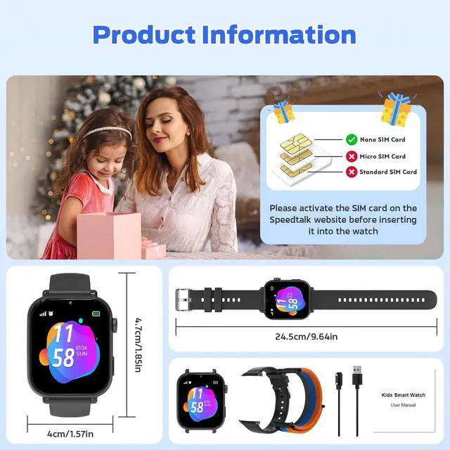 Alt view image 7 of 7 - 4G Kids Smart Watch with GPS Tracker, Video Call & Texting, Smart Watch for Kids with SIM Card, SOS, School Mode, HD Camera, Pedometer, Kid Watch Gift for Boys Girls Age 4-12, Black