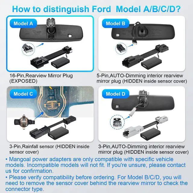 Alt view image 3 of 7 - Dashcam Power Adapter Custom for Ford 16 Pin (Model A) for F150/F250/F350 Explorer Bronco and etc,Hide The Wires,GPS Radar Mirror Camera Dash Cam Adapte,Connects to Rearview Mirror(Exposed)