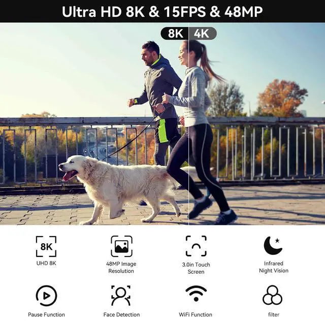 Alt view image 2 of 7 - Video Camera, 8K 48MP Vlogging Camera for YouTube 18X Digital Zoom | Recording Camera 3 Touch Screen Camcorder with WiFi, External Mic, Fill Light, Remote Control, 32GB SD Card & 2 Batteries