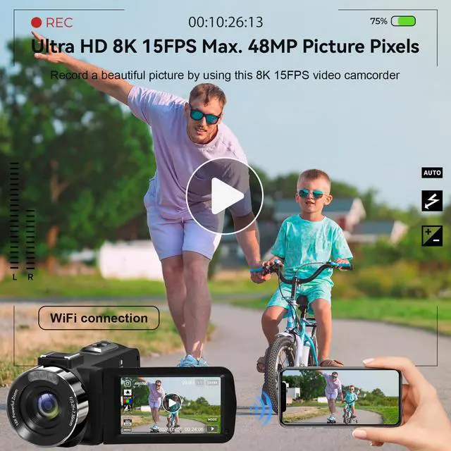 Alt view image 3 of 7 - Video Camera, 8K 48MP Vlogging Camera for YouTube 18X Digital Zoom | Recording Camera 3 Touch Screen Camcorder with WiFi, External Mic, Fill Light, Remote Control, 32GB SD Card & 2 Batteries