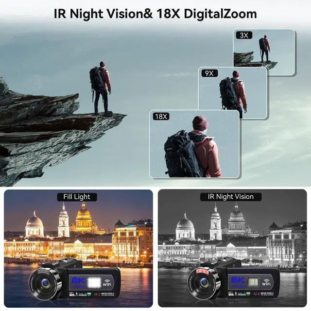 Alt view image 4 of 7 - Video Camera, 8K 48MP Vlogging Camera for YouTube 18X Digital Zoom | Recording Camera 3 Touch Screen Camcorder with WiFi, External Mic, Fill Light, Remote Control, 32GB SD Card & 2 Batteries