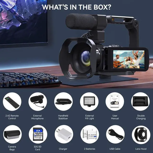 Alt view image 7 of 7 - Video Camera, 8K 48MP Vlogging Camera for YouTube 18X Digital Zoom | Recording Camera 3 Touch Screen Camcorder with WiFi, External Mic, Fill Light, Remote Control, 32GB SD Card & 2 Batteries