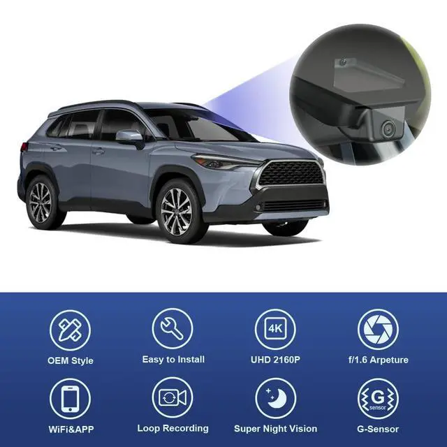 Alt view image 3 of 6 - 4K Dash Cam Suitable for Toyota Corolla Cross 2023-2026 & Hybrid (NOT Corolla), OEM Factory Look, UHD 2160P Video, Built-in WiFi & APP, Loop Recording, G-Sensor, Plug & Play, 64GB Card