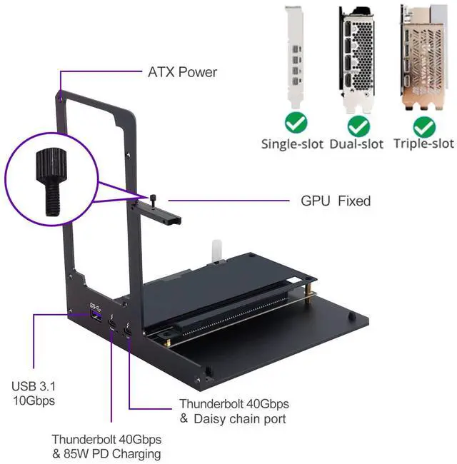 Alt view image 5 of 7 - External eGPU Dock, 2* Thunderbolt 4/3 USB4 Port, 85W PD | eGPU Dock for Mini PCs, Laptops and Gaming Handhelds | Compatible with NVIDIA/AMD PCIe,ATX Power Supply | Windows 10/11