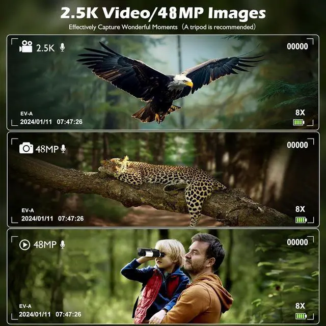 Alt view image 6 of 7 - 2-in-1 Camera Binoculars 12x32 HD 2.4 Inch LCD Display 32G | 8X digital zoom function, supports 48MP images & 2.5K videos, equipped with 32GB card for bird watching outdoor activities