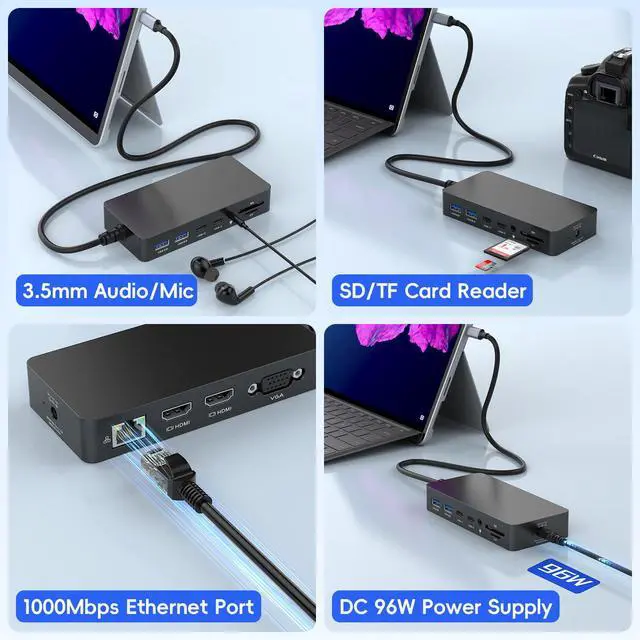 Alt view image 4 of 7 - 2026 New Surface Thunderbolt 4 Dock Triple Displays 4K HDMI*2+VGA, 12 in 1 Surface Pro Docking Station with Power Adapter for Surface Pro 11/10/9/8/X/7/6/5/4/3, Surface Laptop, Surface Book Go