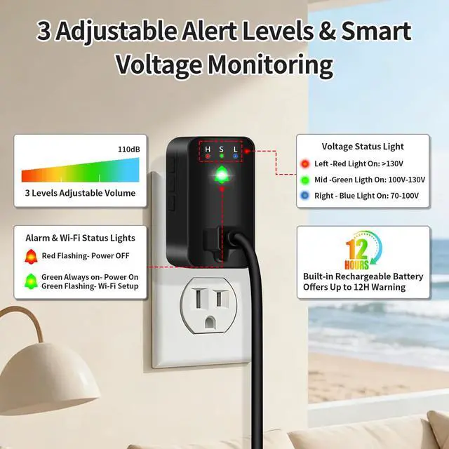 Alt view image 3 of 7 - Power Failure Alarm, WiFi Power Outage Alarm for Freezer, App Notifications | Voltage Detection, 110dB Adjustable LED Indicator, Power Monitor for GFCI Trips, Freezer, Sump Pump, Aquarium