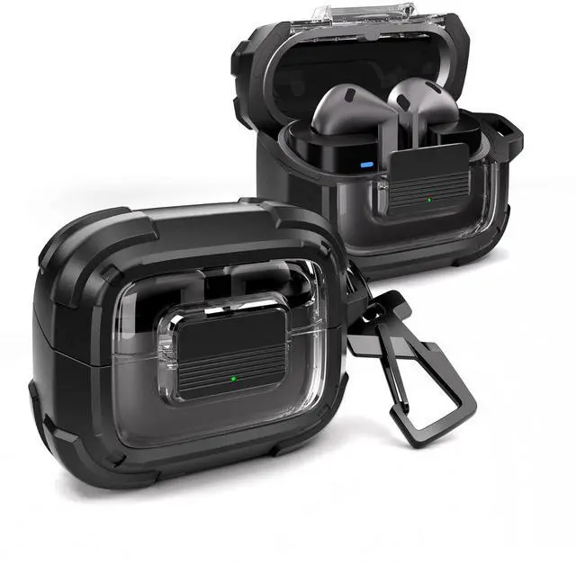 Main image of Rugged Bumper Case for Samsung Galaxy Buds3 FE (2025) / Buds3 Pro and Buds3 (2024) Cases with Secure Lock, Shockproof Clear Protective Cover with Carabiner & Keyring Black