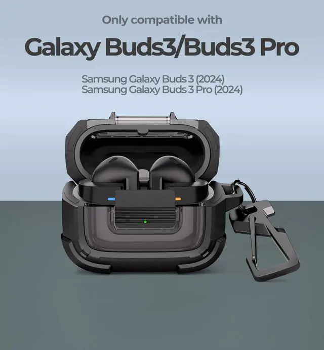 Alt view image 2 of 7 - Rugged Bumper Case for Samsung Galaxy Buds3 FE (2025) / Buds3 Pro and Buds3 (2024) Cases with Secure Lock, Shockproof Clear Protective Cover with Carabiner & Keyring Black