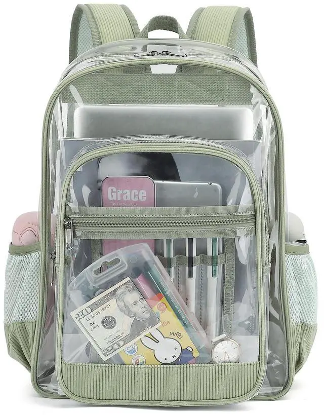 Main image of Corduroy Clear Backpack for Girls Women, Heavy Duty Transparent School Backpack PVC See Through College Bookbag (Green)