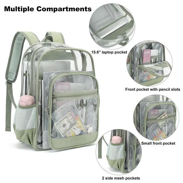 Alt view image 3 of 7 - Corduroy Clear Backpack for Girls Women, Heavy Duty Transparent School Backpack PVC See Through College Bookbag (Green)