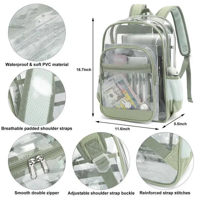 Alt view image 5 of 7 - Corduroy Clear Backpack for Girls Women, Heavy Duty Transparent School Backpack PVC See Through College Bookbag (Green)