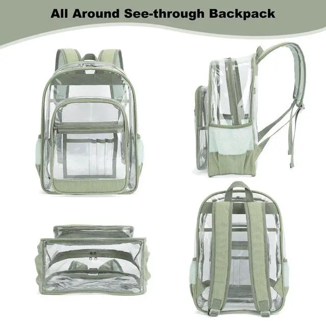 Alt view image 7 of 7 - Corduroy Clear Backpack for Girls Women, Heavy Duty Transparent School Backpack PVC See Through College Bookbag (Green)