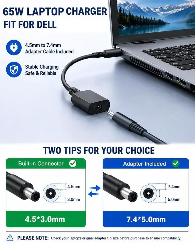 Alt view image 3 of 7 - 65W 45W Laptop Charger Fit for Dell Inspiron 15-3000 15-5000 15-7000 3530 3520 3593 3501 3521 3505 3511 3515 3535 3500 3510 1525 5500 5566 5755 P25T P24T P75F Replacement (UL Safety Certification)