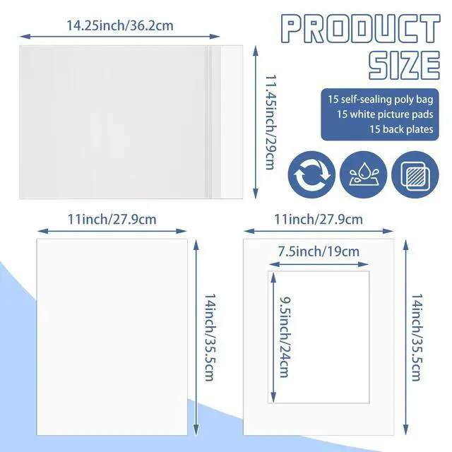 Alt view image 2 of 7 - 15 Set 11x14 White Picture Mats with Backing Boards and Bags for 8x10 Pictures, Frame Mattes Display Photo Paper Mat with Core Bevel Cut Clear Plastic Sleeves for Photos Paintings Prints