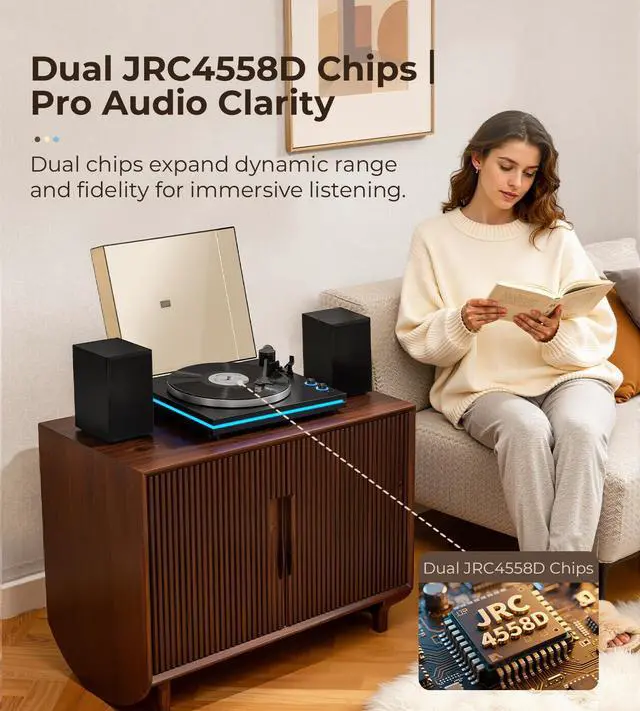 Alt view image 3 of 7 - Vinyl Record Player with 40W Speakers, Belt-Drive Stereo Turntable, Magnetic Cartridge AT-3600L, Aluminum Platter, Hi-Fi, 2 Speed, LED Lighted Modern Bluetooth Turntable for Vinyl, Black