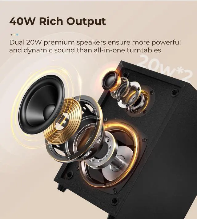 Alt view image 4 of 7 - Vinyl Record Player with 40W Speakers, Belt-Drive Stereo Turntable, Magnetic Cartridge AT-3600L, Aluminum Platter, Hi-Fi, 2 Speed, LED Lighted Modern Bluetooth Turntable for Vinyl, Black