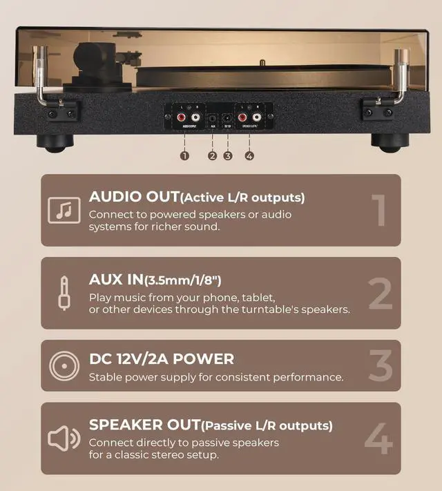 Alt view image 6 of 7 - Vinyl Record Player with 40W Speakers, Belt-Drive Stereo Turntable, Magnetic Cartridge AT-3600L, Aluminum Platter, Hi-Fi, 2 Speed, LED Lighted Modern Bluetooth Turntable for Vinyl, Black