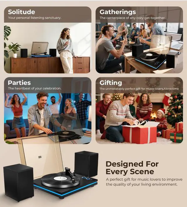 Alt view image 7 of 7 - Vinyl Record Player with 40W Speakers, Belt-Drive Stereo Turntable, Magnetic Cartridge AT-3600L, Aluminum Platter, Hi-Fi, 2 Speed, LED Lighted Modern Bluetooth Turntable for Vinyl, Black