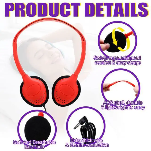 Alt view image 3 of 7 - 10 Pack Over Ear Wired Headphones Bulk for School Classroom Student, Adjustable Headband with 3.5mm Jack, Lightweight Design Earphones for Classroom Learning and Testing (Multicolor)