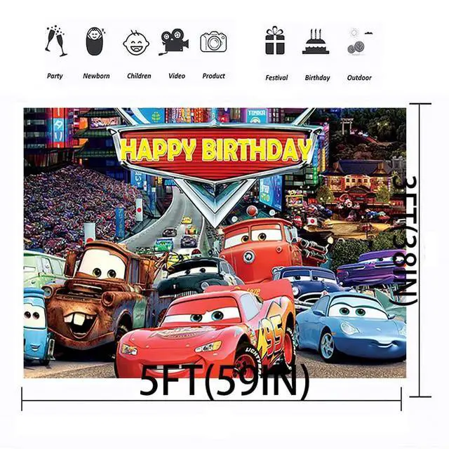 Alt view image 2 of 3 - 59x38in Car Backdrop for Birthday Party Lightning McQueen Banner Party Supplies Decorations