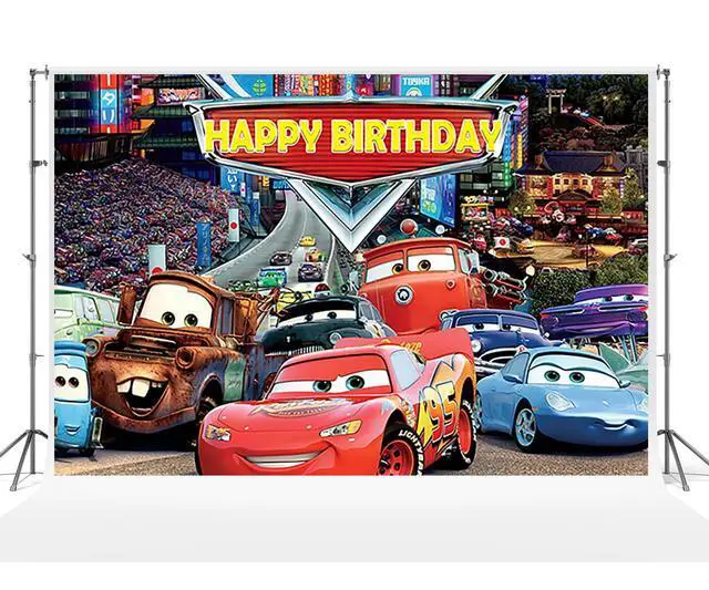 Main image of 59x38in Car Backdrop for Birthday Party Lightning McQueen Banner Party Supplies Decorations