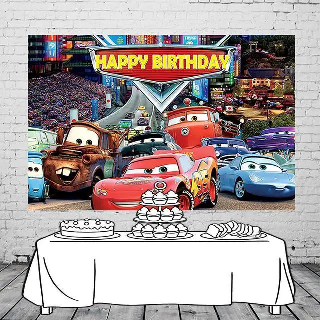 Alt view image 3 of 3 - 59x38in Car Backdrop for Birthday Party Lightning McQueen Banner Party Supplies Decorations