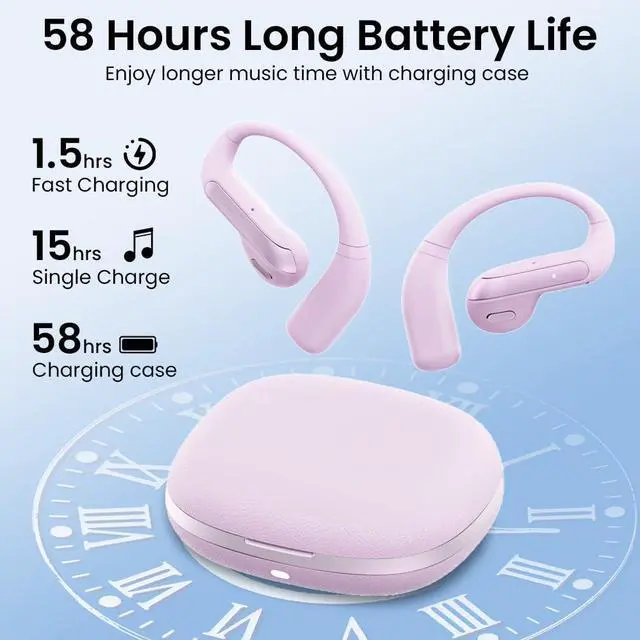 Alt view image 2 of 7 - Open Ear Bluetooth 5.3 Earbuds, Wireless Headphones Sport Over Earphones Built-in Mic with Ear Hooks, 58H Playtime Ear Buds Fast Charging, IPX7 Waterproof for Running/WorkoutPurple