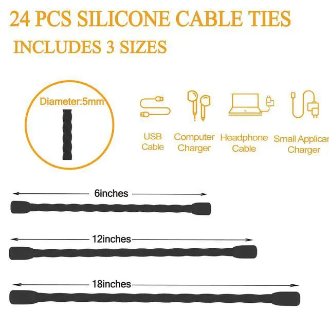 Alt view image 2 of 7 - 24PCS Black Silicone Cable Ties, Reusable Rubber Twist Ties | Bendable Cable Ties for Bundling and Holding, All Purpose Cord Tie for Indoor and Outdoor6inch, 12inch, 18inch