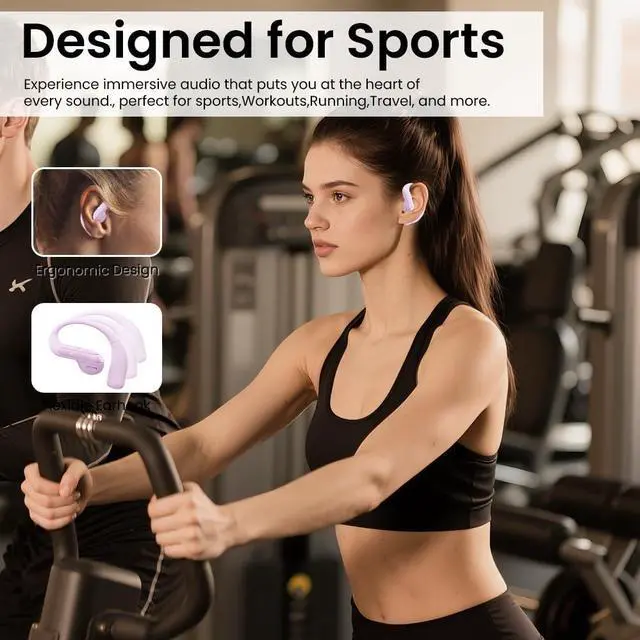 Alt view image 4 of 7 - Open Ear Bluetooth 5.3 Earbuds, Wireless Headphones Sport Over Earphones Built-in Mic with Ear Hooks, 58H Playtime Ear Buds Fast Charging, IPX7 Waterproof for Running/WorkoutPurple