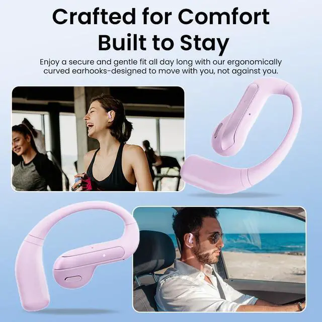 Alt view image 5 of 7 - Open Ear Bluetooth 5.3 Earbuds, Wireless Headphones Sport Over Earphones Built-in Mic with Ear Hooks, 58H Playtime Ear Buds Fast Charging, IPX7 Waterproof for Running/WorkoutPurple