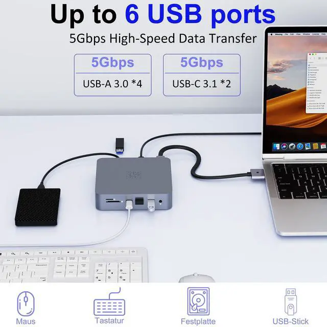 Alt view image 7 of 7 - 18-in-2 MacBook Docking Station Dual 4K Monitor for M1-M5 Pro/Max, USB C Docking Station with 100W Power Delivery, MacBook Dock with 2 HDMI, VGA, 6 USB, 1Gbps RJ45, USB 3.0 SD/TF, Audio