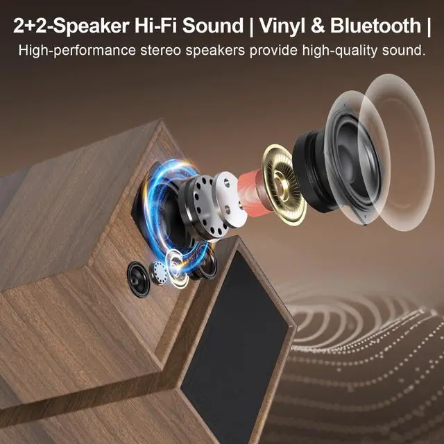 Alt view image 2 of 7 - Vinyl Record Player with External Speakers, Vintage 3-Speed Turntable with Dual Speakers, Bluetooth Music Playback, MP3 PC Recoding, AUX Input Headphone Jack and RCA Out, Classic Walnut