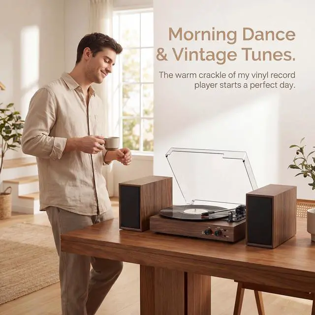 Alt view image 5 of 7 - Vinyl Record Player with External Speakers, Vintage 3-Speed Turntable with Dual Speakers, Bluetooth Music Playback, MP3 PC Recoding, AUX Input Headphone Jack and RCA Out, Classic Walnut