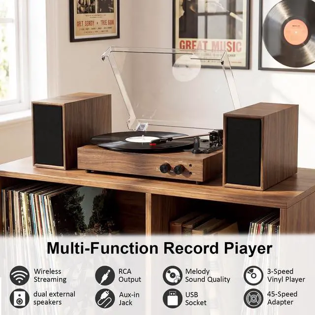 Alt view image 6 of 7 - Vinyl Record Player with External Speakers, Vintage 3-Speed Turntable with Dual Speakers, Bluetooth Music Playback, MP3 PC Recoding, AUX Input Headphone Jack and RCA Out, Classic Walnut