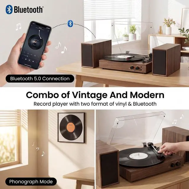 Alt view image 7 of 7 - Vinyl Record Player with External Speakers, Vintage 3-Speed Turntable with Dual Speakers, Bluetooth Music Playback, MP3 PC Recoding, AUX Input Headphone Jack and RCA Out, Classic Walnut