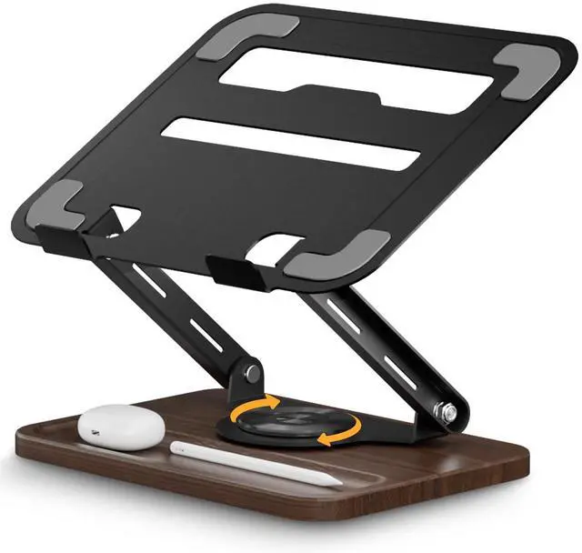 Main image of Adjustable Laptop Stand with 360° Rotating Base, Ergonomic Laptop Riser for Desk, Ventilated Notebook Stand with Storage Tray, Wood Base & Silicone Pads for Laptops, Tablets & Books