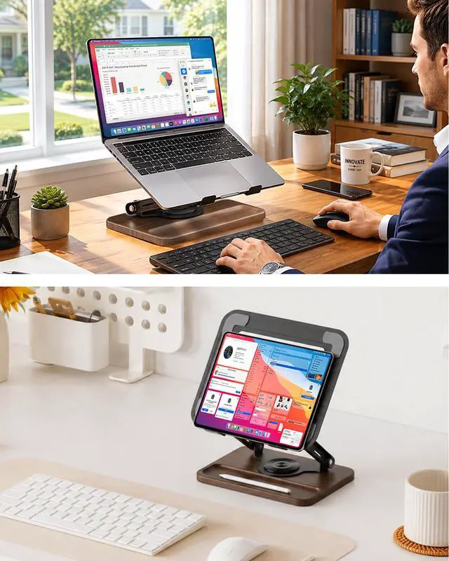 Alt view image 2 of 6 - Adjustable Laptop Stand with 360° Rotating Base, Ergonomic Laptop Riser for Desk, Ventilated Notebook Stand with Storage Tray, Wood Base & Silicone Pads for Laptops, Tablets & Books