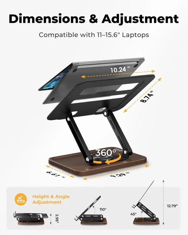 Alt view image 3 of 6 - Adjustable Laptop Stand with 360° Rotating Base, Ergonomic Laptop Riser for Desk, Ventilated Notebook Stand with Storage Tray, Wood Base & Silicone Pads for Laptops, Tablets & Books