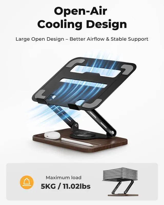 Alt view image 4 of 6 - Adjustable Laptop Stand with 360° Rotating Base, Ergonomic Laptop Riser for Desk, Ventilated Notebook Stand with Storage Tray, Wood Base & Silicone Pads for Laptops, Tablets & Books