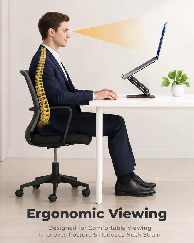 Alt view image 6 of 6 - Adjustable Laptop Stand with 360° Rotating Base, Ergonomic Laptop Riser for Desk, Ventilated Notebook Stand with Storage Tray, Wood Base & Silicone Pads for Laptops, Tablets & Books