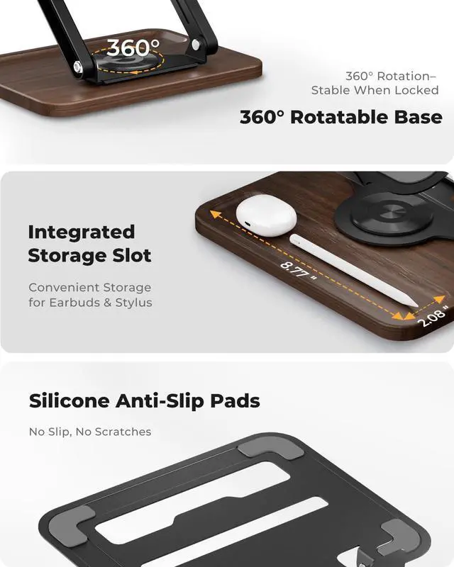 Alt view image 5 of 6 - Adjustable Laptop Stand with 360° Rotating Base, Ergonomic Laptop Riser for Desk, Ventilated Notebook Stand with Storage Tray, Wood Base & Silicone Pads for Laptops, Tablets & Books