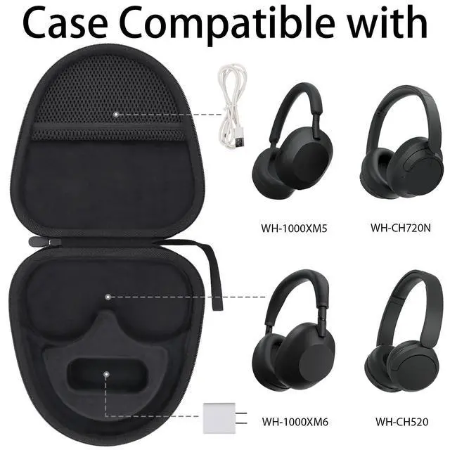 Alt view image 2 of 7 - Hard Case for Sony WH-CH720N/CH520/1000XM6/1000XM5, Black | Features a Mesh Pocket for Accessories. Hand Strap for Easy Carrying. Hard EVA Shell with Soft Velvet Lining. Case Only