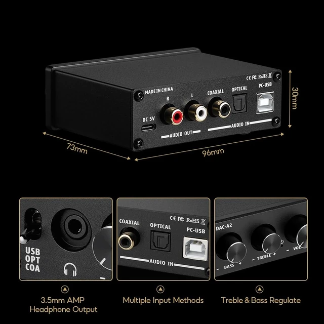 Alt view image 2 of 7 - DAC-A2 Headphone Amplifier & Desktop DAC for PC, MAC and Gaming Plug & play 24Bit/192kHz DAC amp.Adds Bass/Treble control & RCA/3.5mm Outputs,USB/Optical/Coaxial Input
