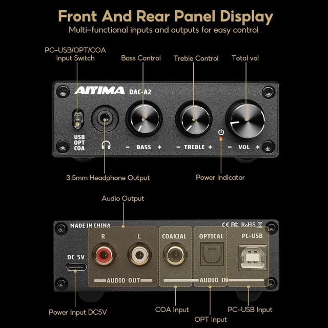 Alt view image 3 of 7 - DAC-A2 Headphone Amplifier & Desktop DAC for PC, MAC and Gaming Plug & play 24Bit/192kHz DAC amp.Adds Bass/Treble control & RCA/3.5mm Outputs,USB/Optical/Coaxial Input