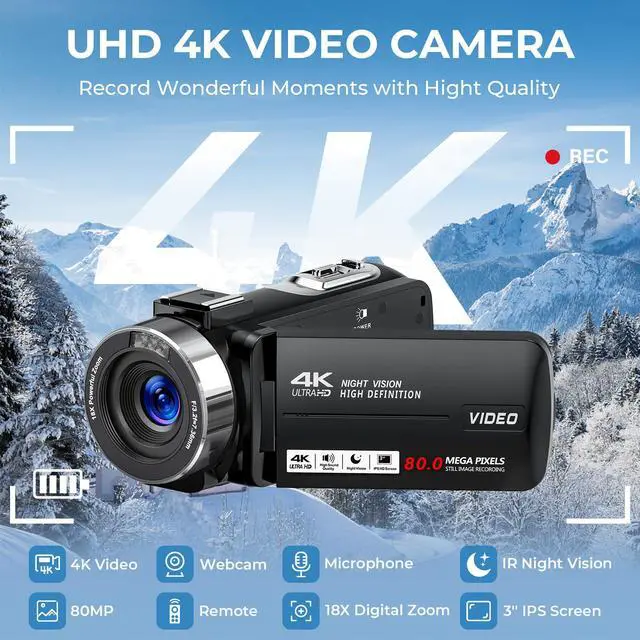Alt view image 2 of 7 - 4K Ultra 80MP Camcorder Video Camera Vlogging for YouTube Webcam | 18X Digital Zoom,IR Night Vision,3.0" IPS Screen,Video Recorder with 32GB SD Card,2 Batteries,Microphone and Remote Control