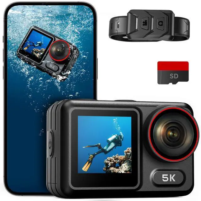 Main image of 5K30FPS Waterproof Action Camera with 64GB Card, IPX7 & 34FT Underwater Cameras, EIS 2.0 Stabilization, 2.4" Touch Screen, 2x1350mAh Batteries for Diving, Cycling, Outdoor Sports
