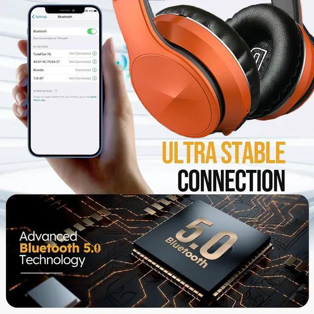 Alt view image 4 of 7 - Active Noise Cancelling Bluetooth Over Ear Headphones, Orange | Wireless with Microphone HiFi Audio Deep Bass for Home Travel Office Man & Women,Comfortable Fit,Rechargeable Long Lasting