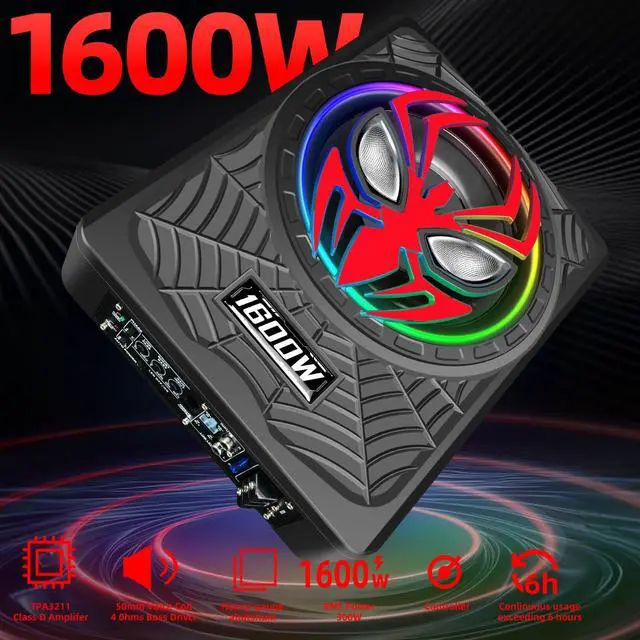 Alt view image 2 of 7 - 2026 Upgraded 1600W Car Subwoofers, 10" Ultra-Thin Powered Under-Seat Subs with Built-in Amplifier, (LPF/Gain/Bass Boost) RGB Ambient Lights, Independent Bass Knob, High Output Distortion-Free Audio